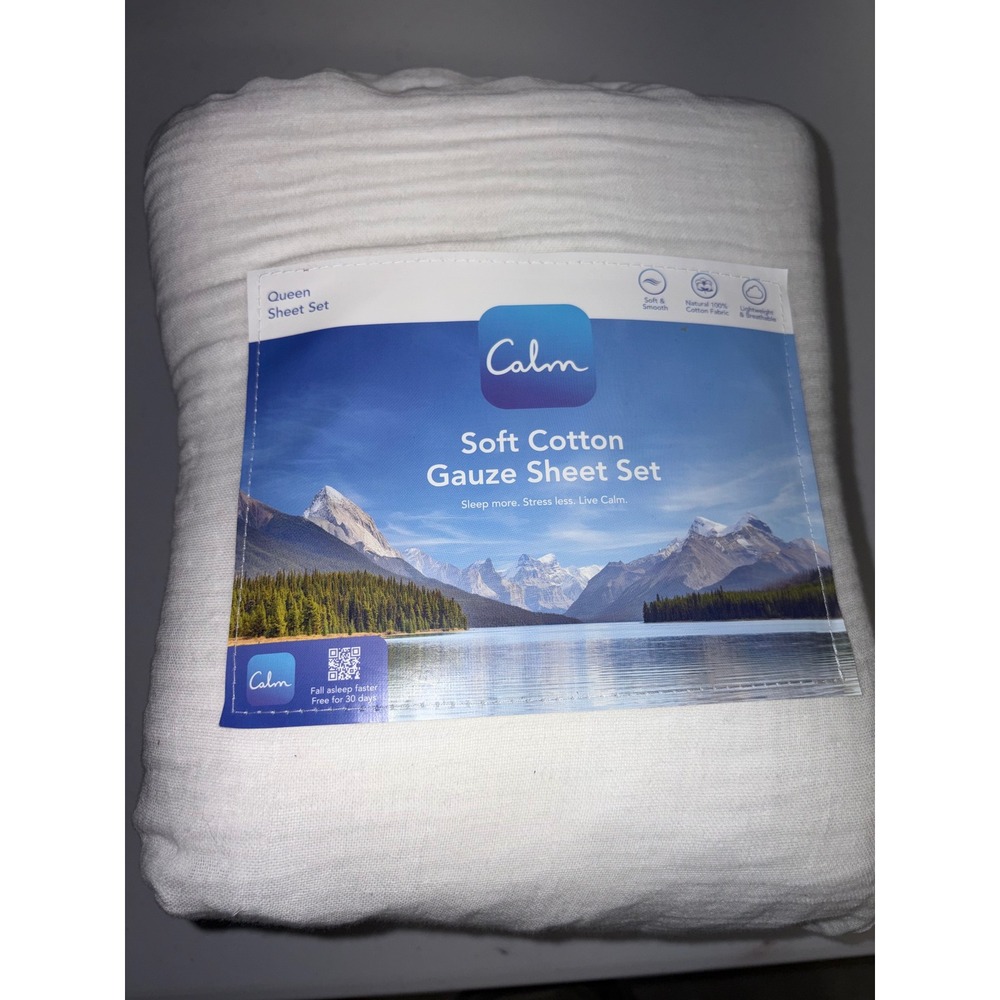 Calm Queen Soft Cotton Gauze Sheet Set White 4 Piece Lightweight Breathable
